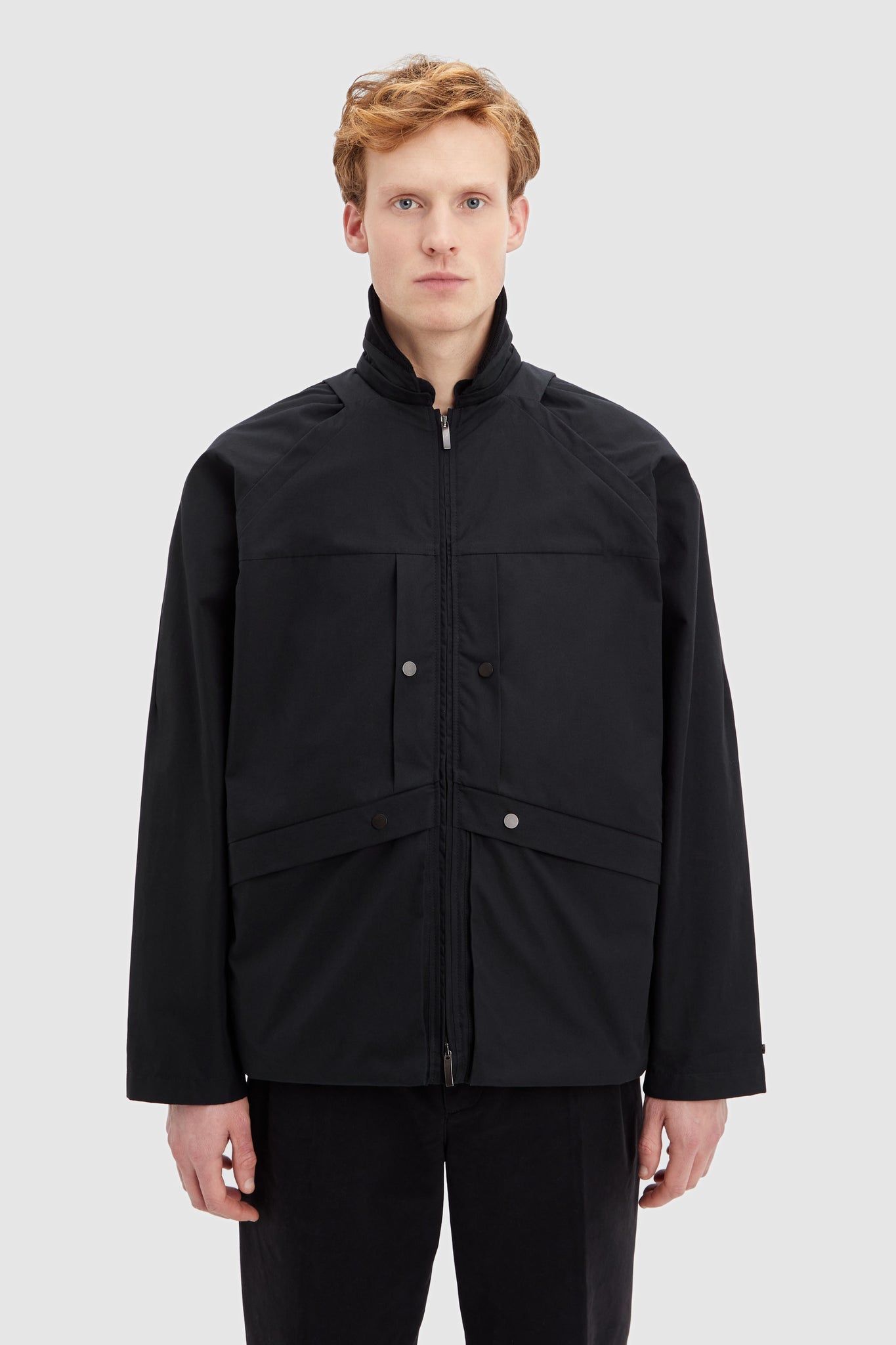 Black Outerwear Jacket made from 100% Organic Cotton Zoomed Front view 